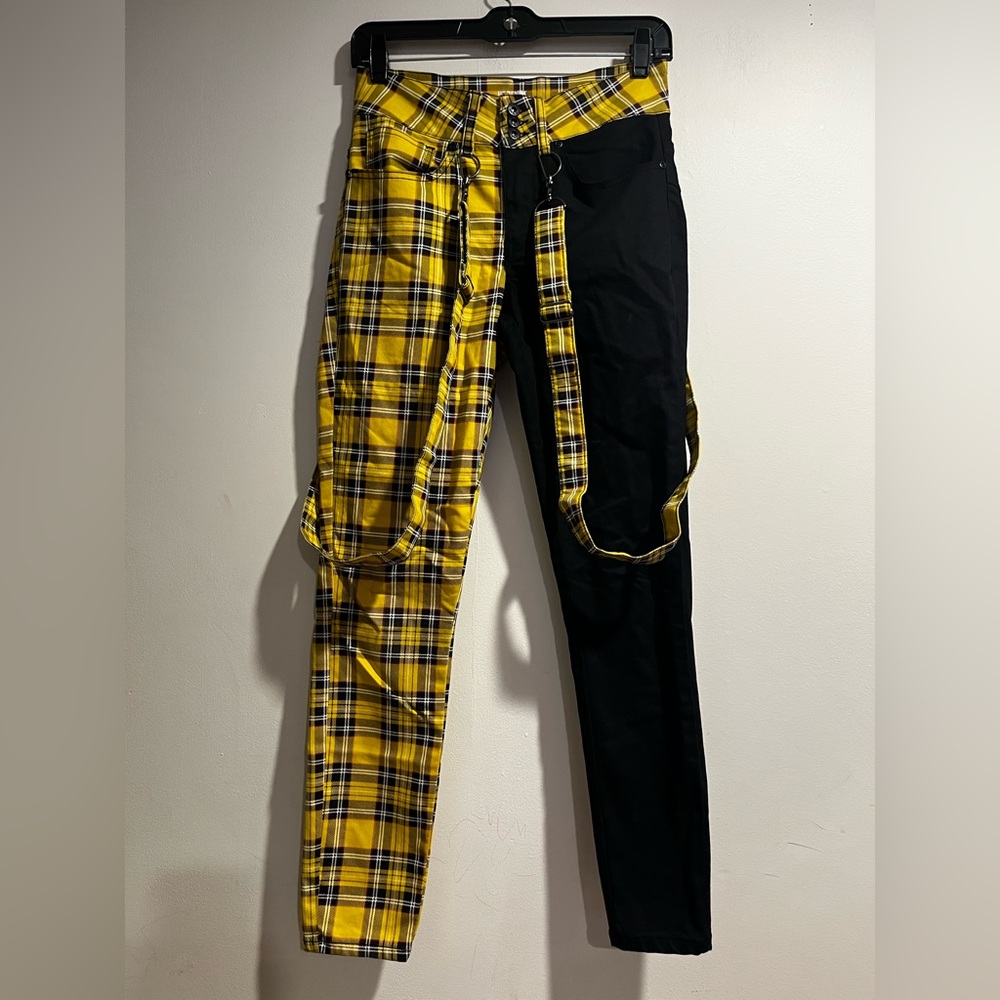 HOT TOPIC HT DENIM Split plaid and black suspender high rise skinny pants